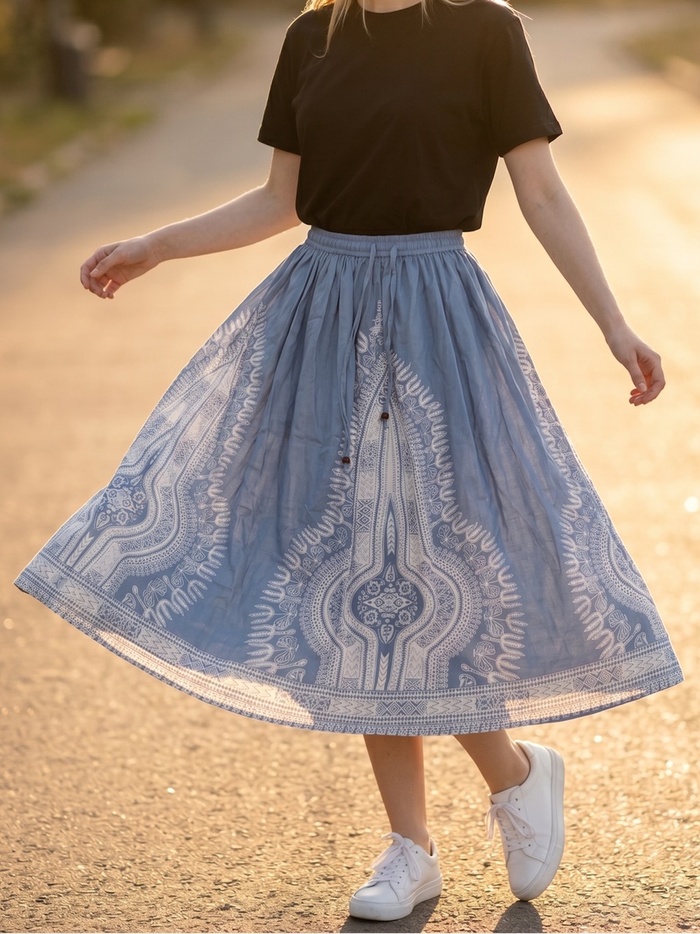 Blue Printed A-Line Full Length Skirt with Elastic Waist - Women's Boho Style